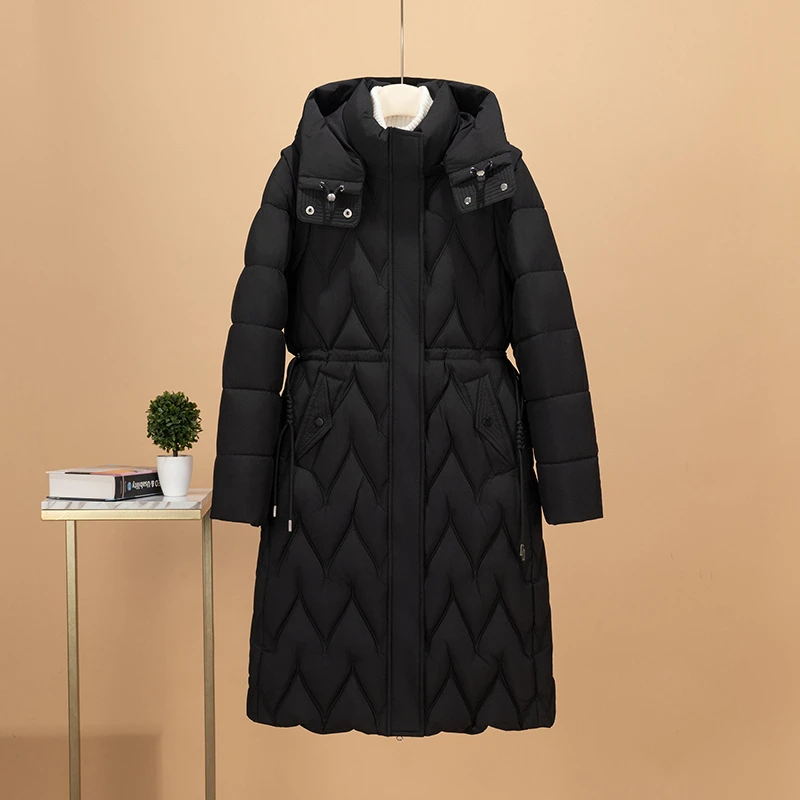 2025 ใหม่แฟชั่นยาวหนาหลวมกว่าเข่าฤดูหนาวที่ถอดออกได้แขนยาวHoodedลงผ้าฝ้ายเบาะJacket Coat