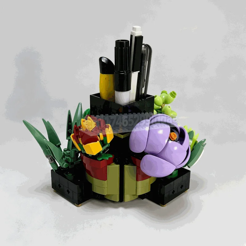 580PCS Succulent Pen Holder Building Blocks Botanical Desktop Organizer Plant Pot Model DIY Assembly Creative Decoration Gifts