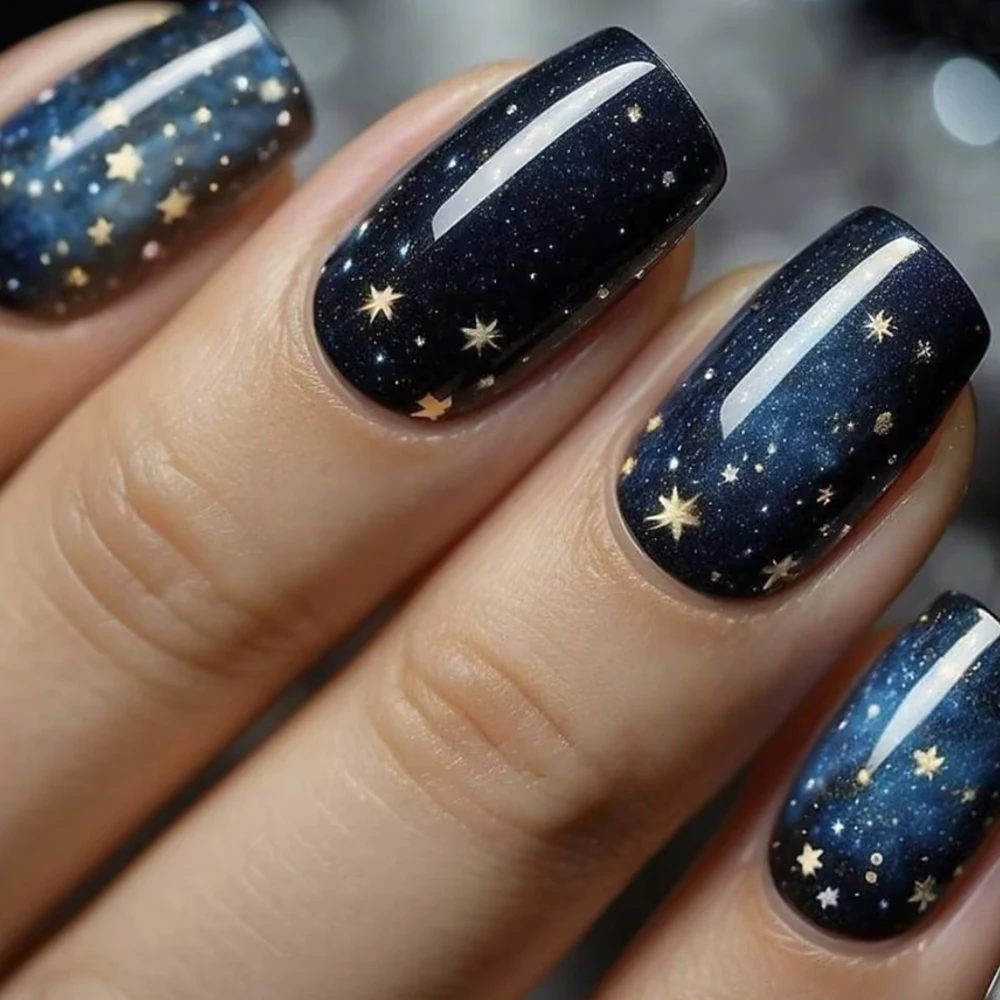 

24Pcs Chinese-Style Starry Sky Glitter Nails, Cool Wearable Nails in Blue and Black, Suitable for Autumn and Winter, Shiny Fake Nails for Women and Girls, Removable Press-On Nail Set with Jelly Glue and File