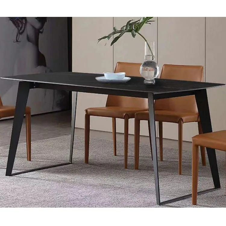 Black rock slab dining table and chairs desk long desk office table Foshan manufacturers custom rectangular black gold rock slab