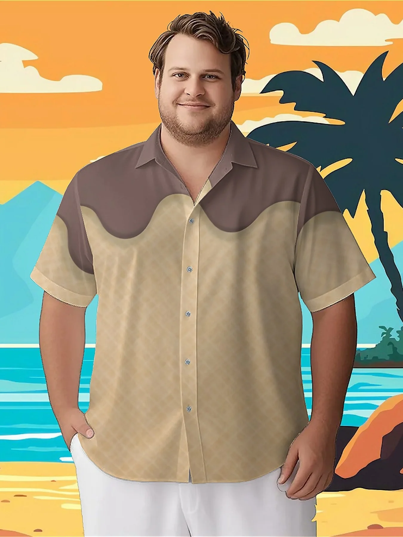 Camisas hawaianas de talla grande para hombre, patrón de oblea de chocolate dulce, tops casuales de verano, adecuados para exteriores y fiestas, ropa de calle