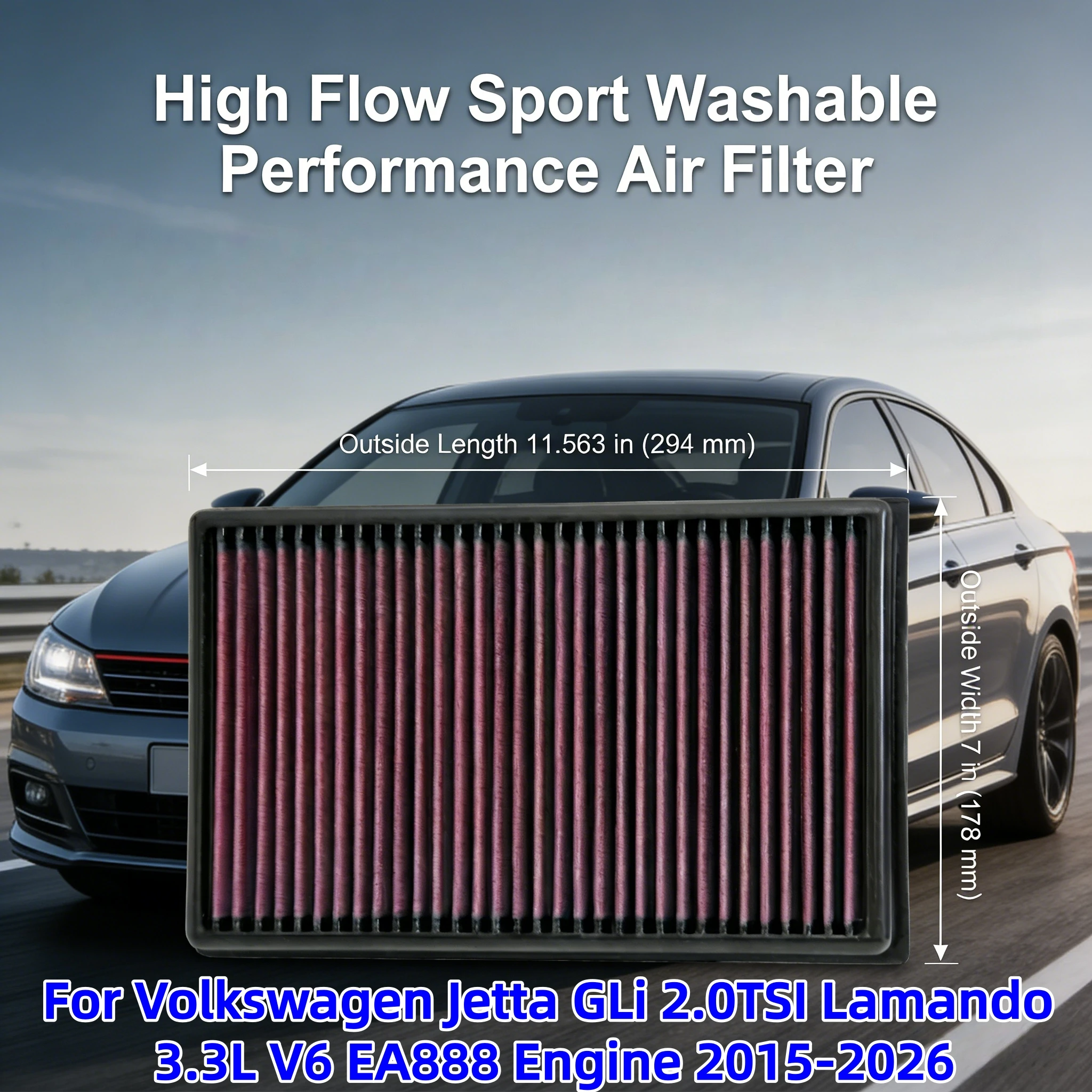 

High Flow Sport Washable Performance For Volkswagen Jetta GLi 2.0TSI Lamando 3.3L V6 EA888 Engine Air Filter 2015-2026 33-3005