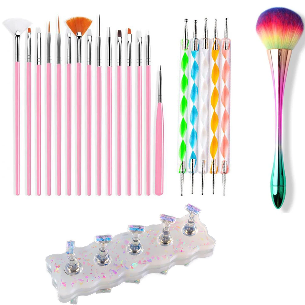 

22pcs Multi Type Nail Art Tools 5 PCS Nail Art Brushes/5 PCS Dotting Pen Aurora Manicure Stand 1 Nail Dust Clean Brush 18cm Set