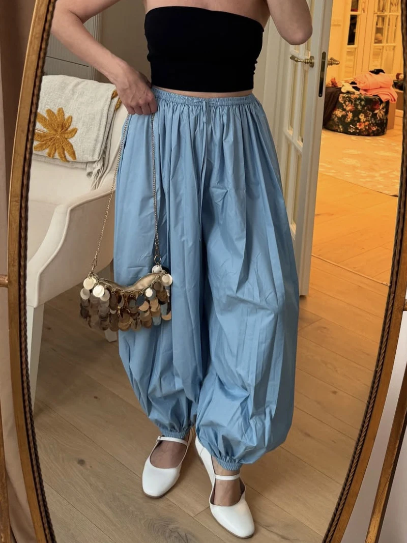 Solide Frauen Lose Jogger Blommers High Street Casual Plissee Hosen mit Taschen Sommer Herbst Weibliche Kordelzug Lange Hosen
