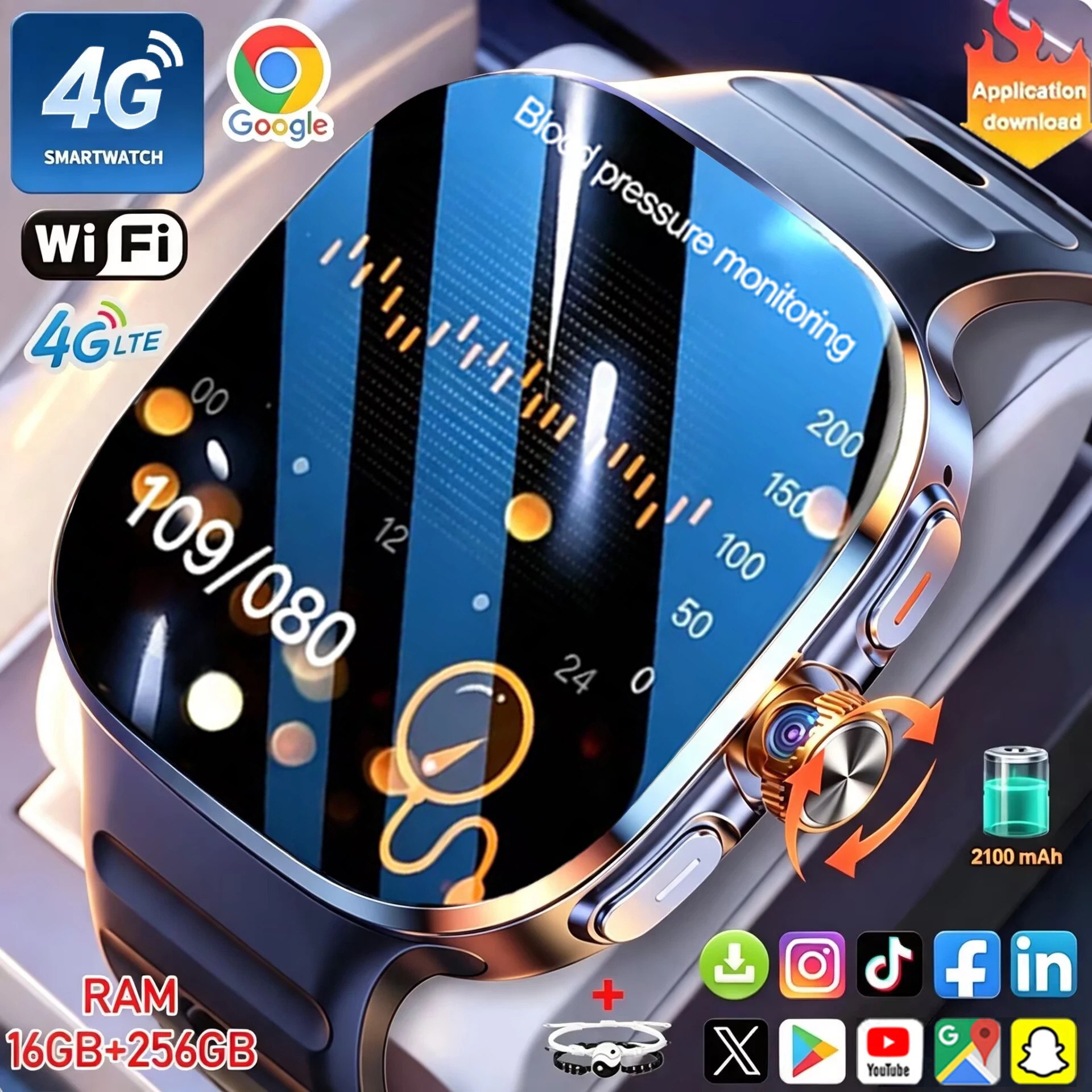 4G Network Smartwatch 2.4 inch 720*720 Amoled 900W HD Video Call GPS WIFI 8GB+128GB RAM 2100Mah Battery Smart Watch Android 10.0
