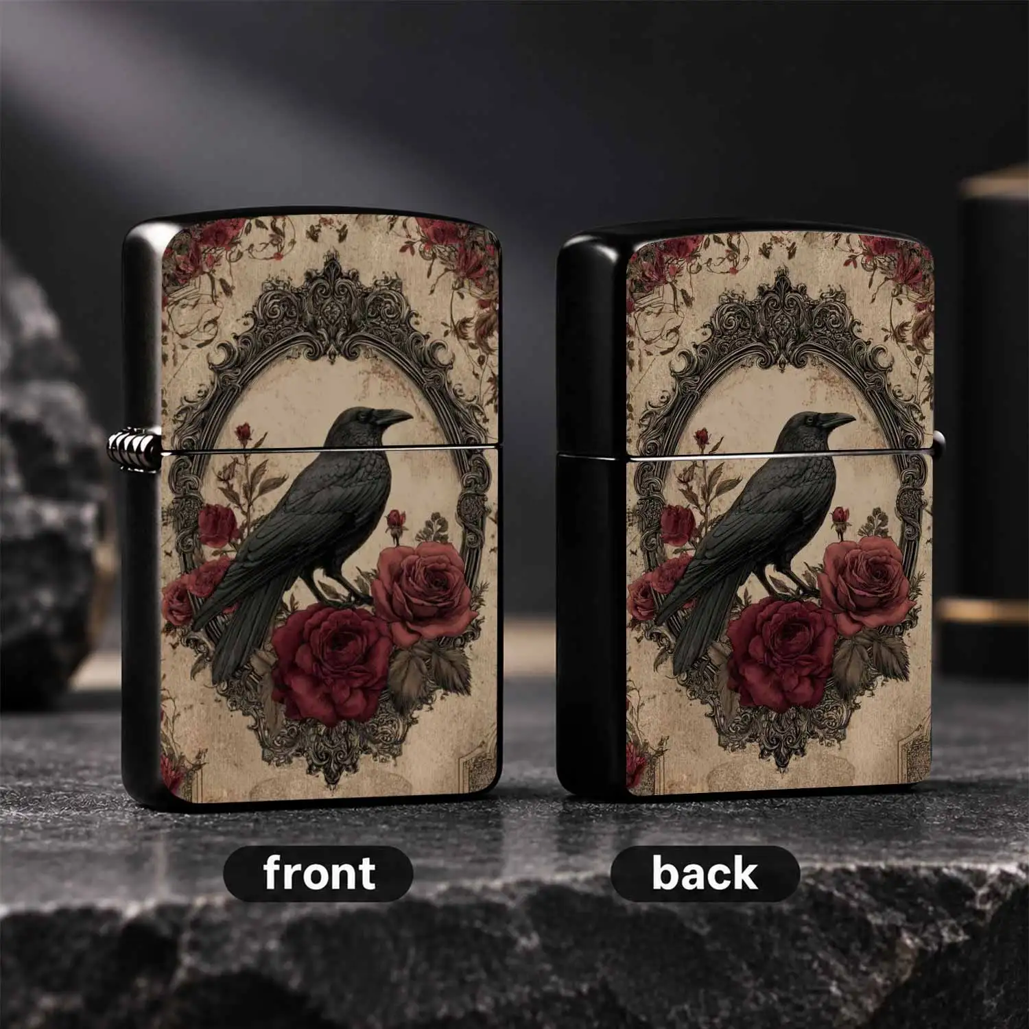 Vintage Gothic Crow And Red Rose Pattern Lighter, Exquisite Ornate Frame Retro Art Craft, Aesthetic Dark Romantic Style Portable Accessory For Daily Use, Home Decor, Gifting, Multi-Scene Versatile Stylish Practical Item For Art Lovers A Hum
