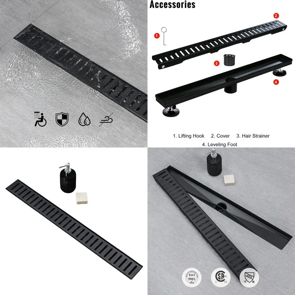

60 Matte Black Linear Shower Drain with Removable Capsule Grate, Brushed 304 Stainless Steel, Hair Strainer, Adjustable Feet