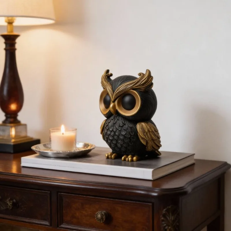 Vintage European Owl Figurine Bionic Feather Vivid Eyes Resin Desktop Ornament Home Decor for Living Room Study Entrance Bedside