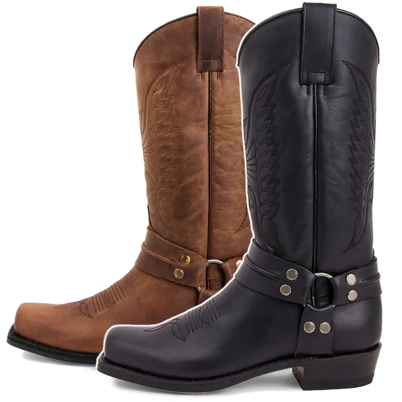 Botas de vaquero del oeste para hombre y mujer, botines Unisex de media pantorrilla con bordado, tótem de cuero para actividades al aire libre, tacón medio, diseño a la moda, 2023