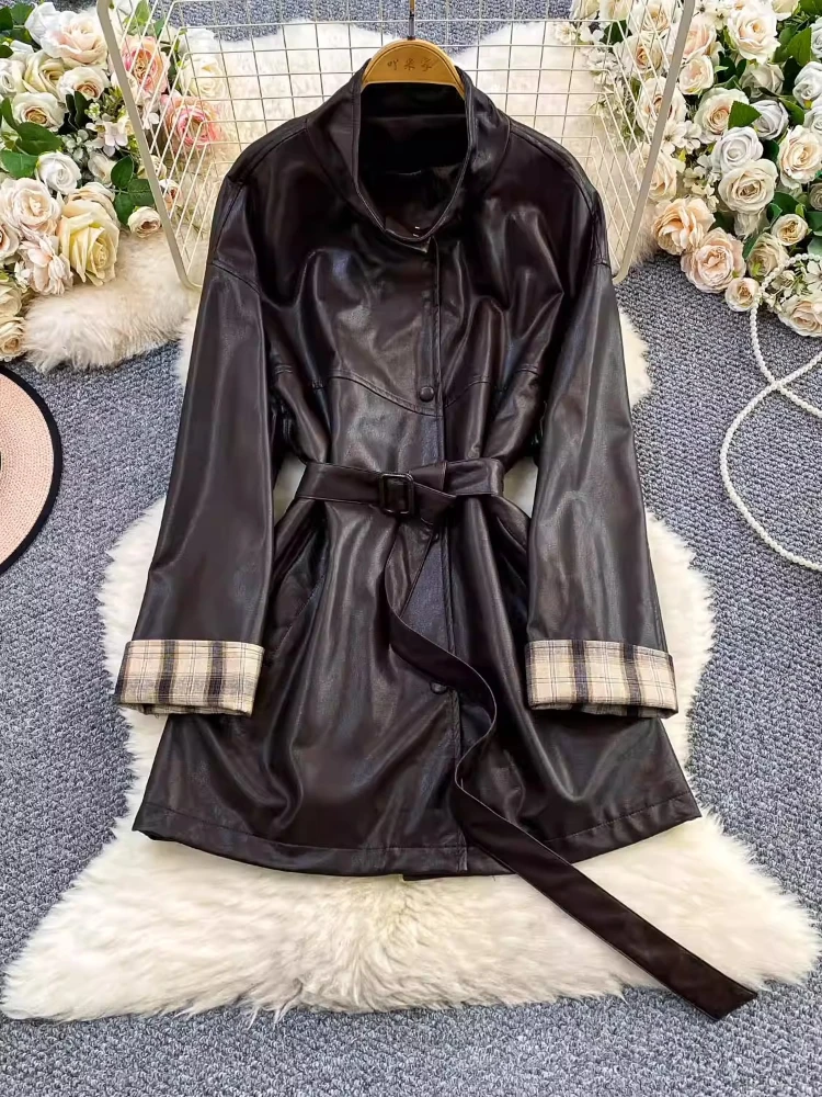 

Новинка 2025, куртка из искусственной кожи, майяр, коричневый воротник, парки с длинными рукавами, женские осенне-зимние парки со шнуровкой на талии, тонкое пальто средней длины, верхняя одежда