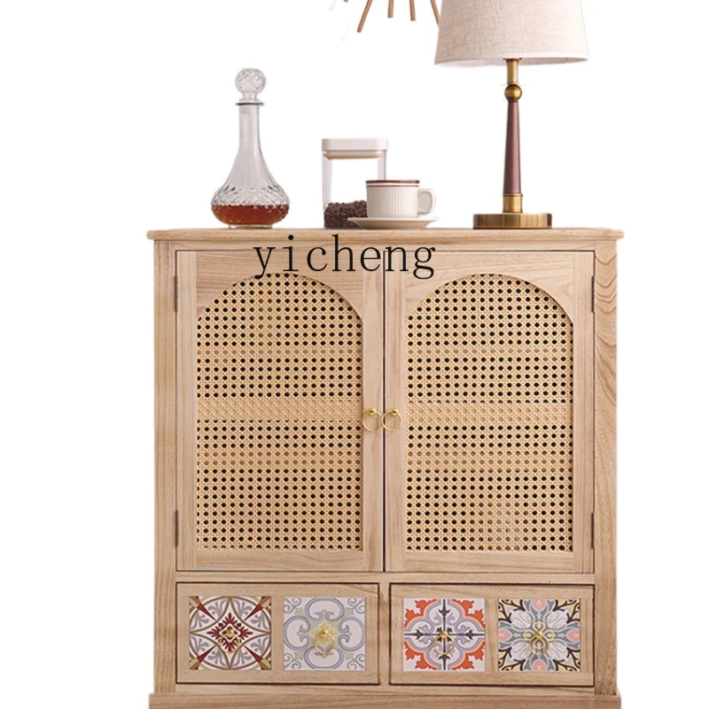 

ZK Chest of Drawers Solid Wood Rattan Storage Cabinet Living Room Simple Entrance Cabinet Small Apartment Storage Shoe Cabinet