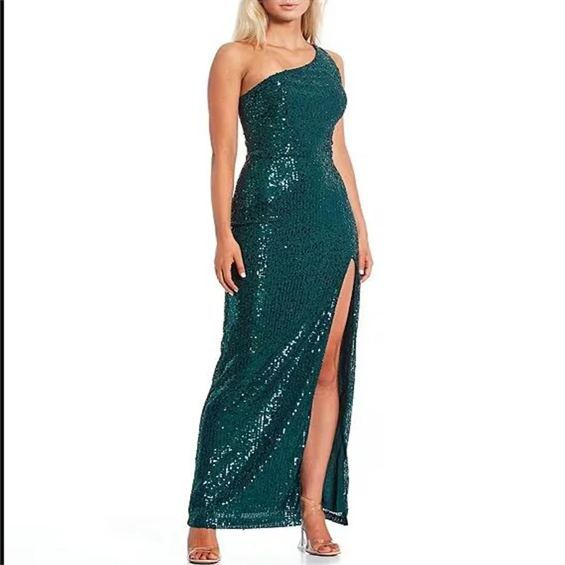 

Elegant One Shoulder Sequin Emerald Green Dress Sheath Sexy Long Dinner Dresses For Women 2023 Evening Party New Prom Dress