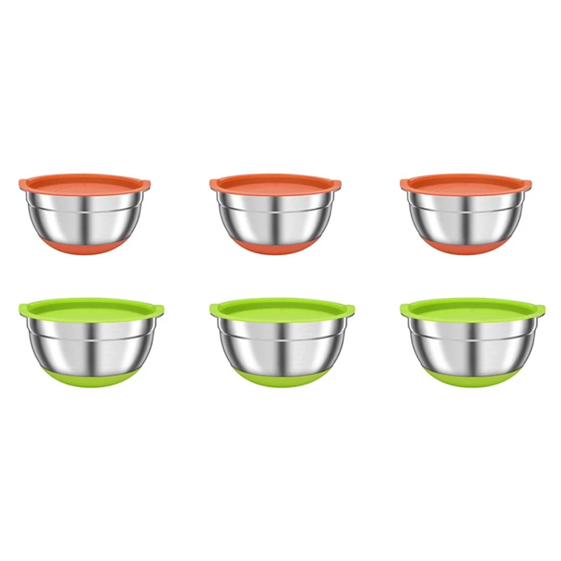 

6 Pack Mixing Bowls With Airtight Lids, Colorful Stainless Steel Metal Nesting Bowls For Kitchen, Non-Slip Silicone