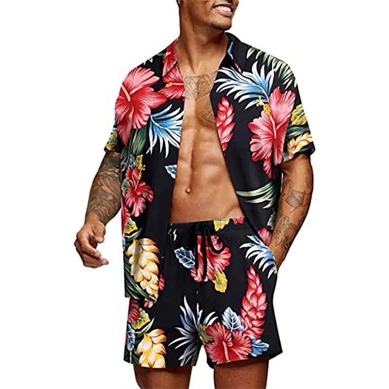 Fashion Men\'s Hawaiian Set Tracksuit Digital Printing Summer Short Sleeve Button Shirt Beach Shorts Streetwear Men Suit 2 Pieces