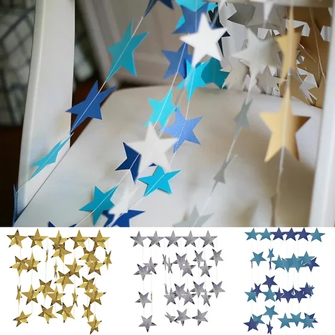4M 7cm Shining Star Paper Drop Garland Banner Gold Silver Bunting Banner For Baby Shower Kids Room Wedding Hanging Decoration