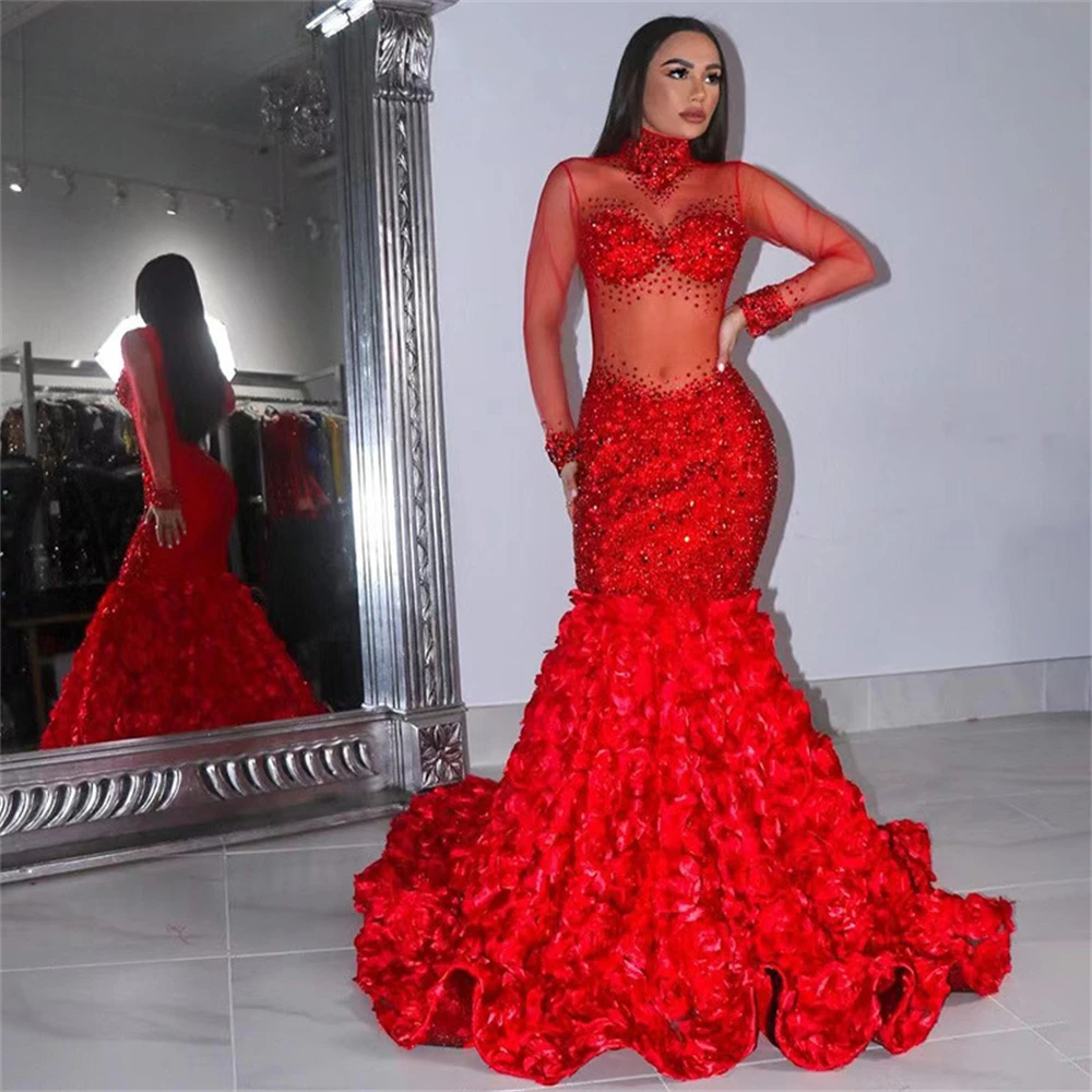 Red Rose Mermaid Prom Dress For Women Illusion Long Sleeves Maxi Women's Evening Dresses Sexy Formal Dress Party Cocktail Gown