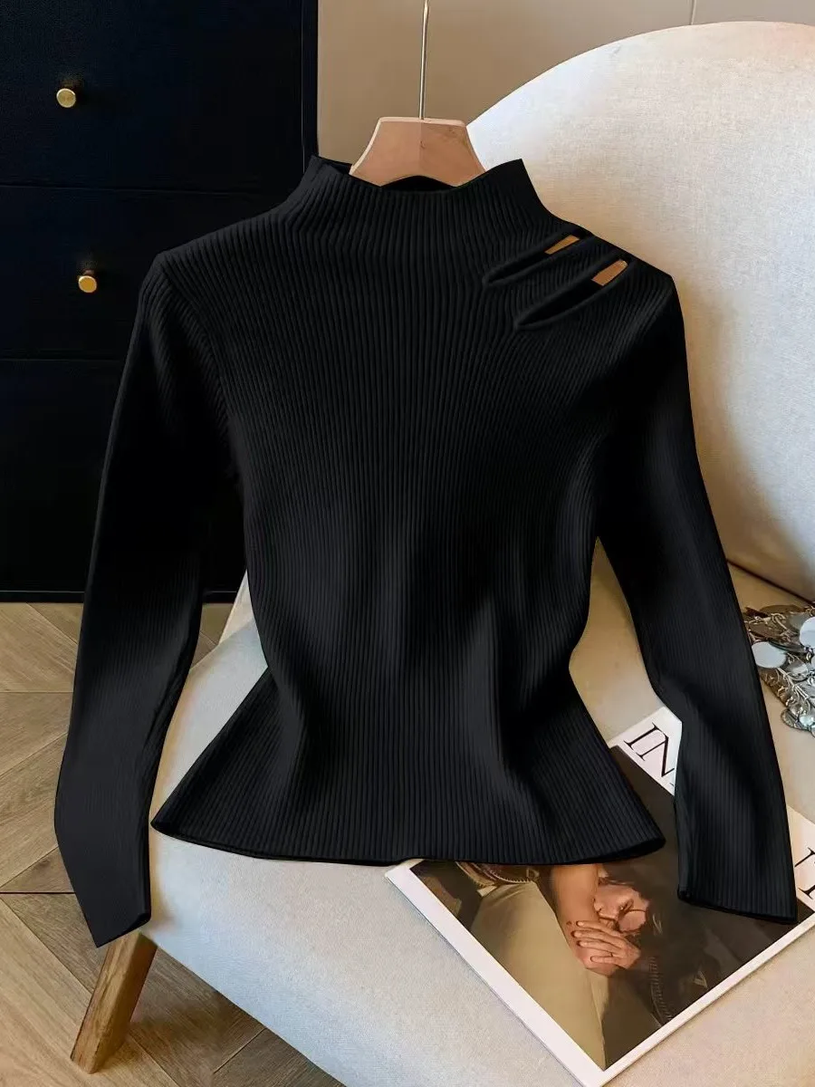 Ele ape Lila Strickpullover Damen Herbst Winter Basisschicht aushöhlen Halbhoher Kragen Slim Fit Pendler Sle