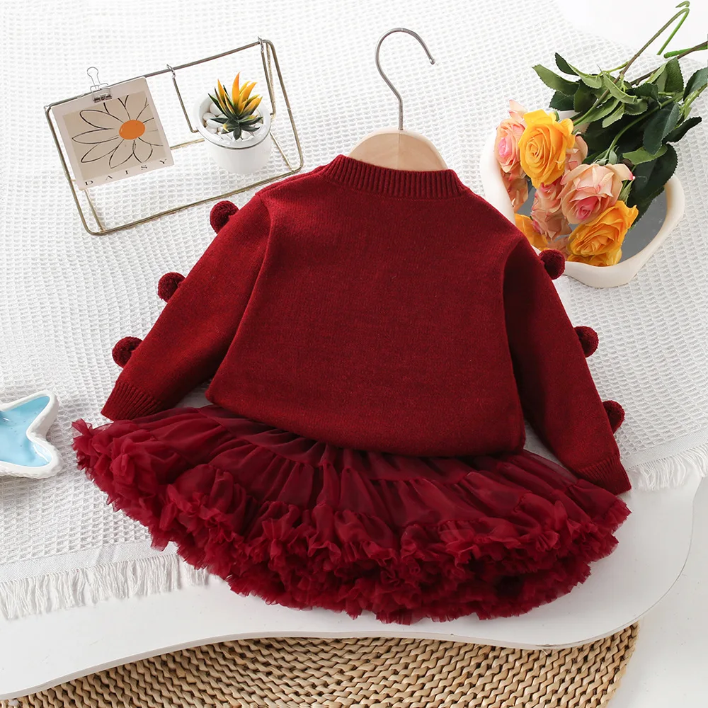 Girls' Sweater Dress Spring Autumn and Winter New Baby Girls, Ball Ball Knitted Pullover, Sequined Bow Princess Cake Skirt