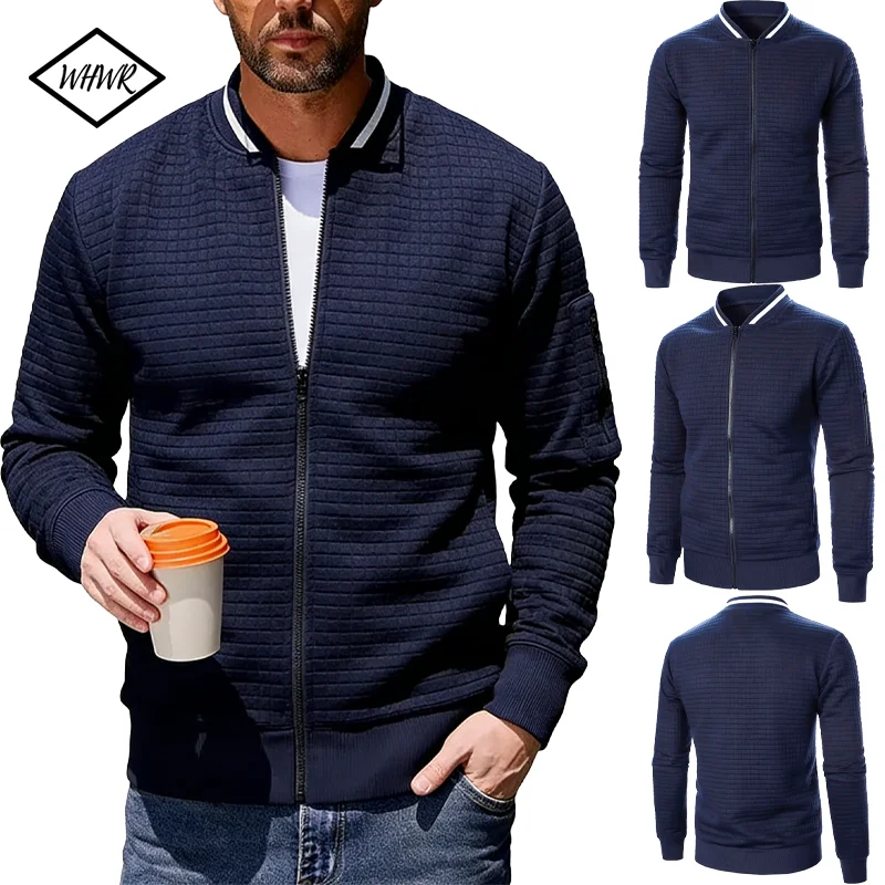 

Spring Autumn Mens Waffle Long Sleeve Zipper Jacket Stand Up Coats Sport Outdoor Sweatwear Winter Warm Bomber Jacket Sweatshirts