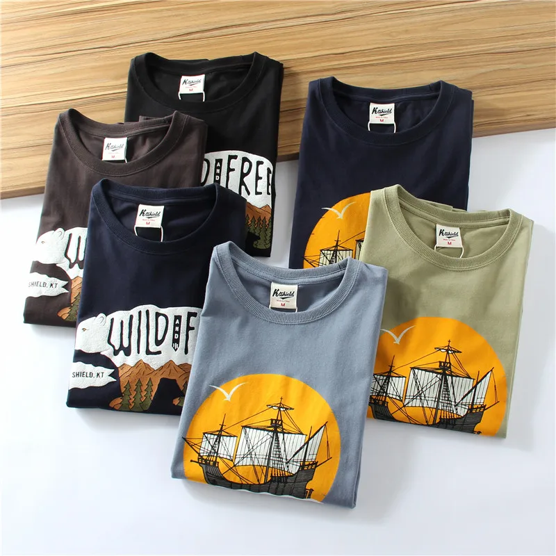 2025 sommer Neue Amerikanische Retro 250g Kurzarm Oansatz Gedruckt T-shirt männer Mode 100% Baumwolle Gewaschen Beiläufige Lose tops