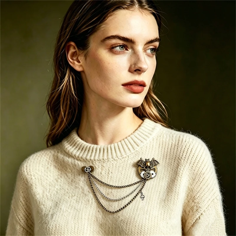 Punk Brooch Dark Gothic Gear Chain Alloy Corsage Pin Unisex Jewelry Accessory For Jackets Scarves E0BF