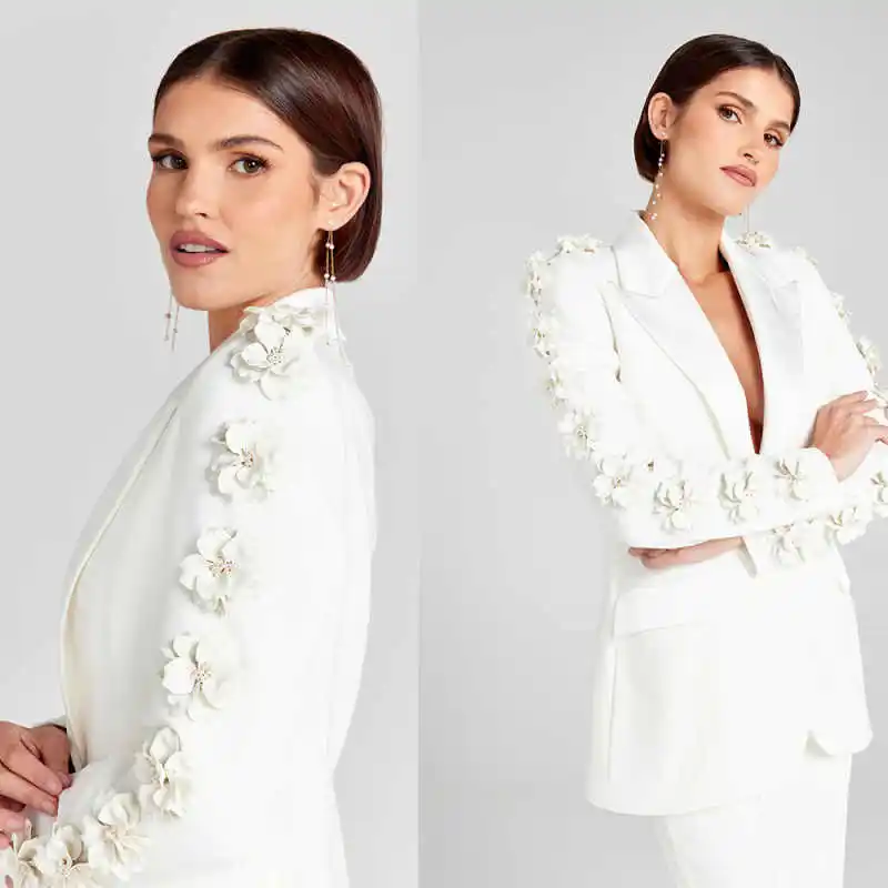 Customized 2 Pieces Women Long Sleeve Suits Handmade Flowers Peals Beadeds Blazers Prom Wedding Party Show Wear