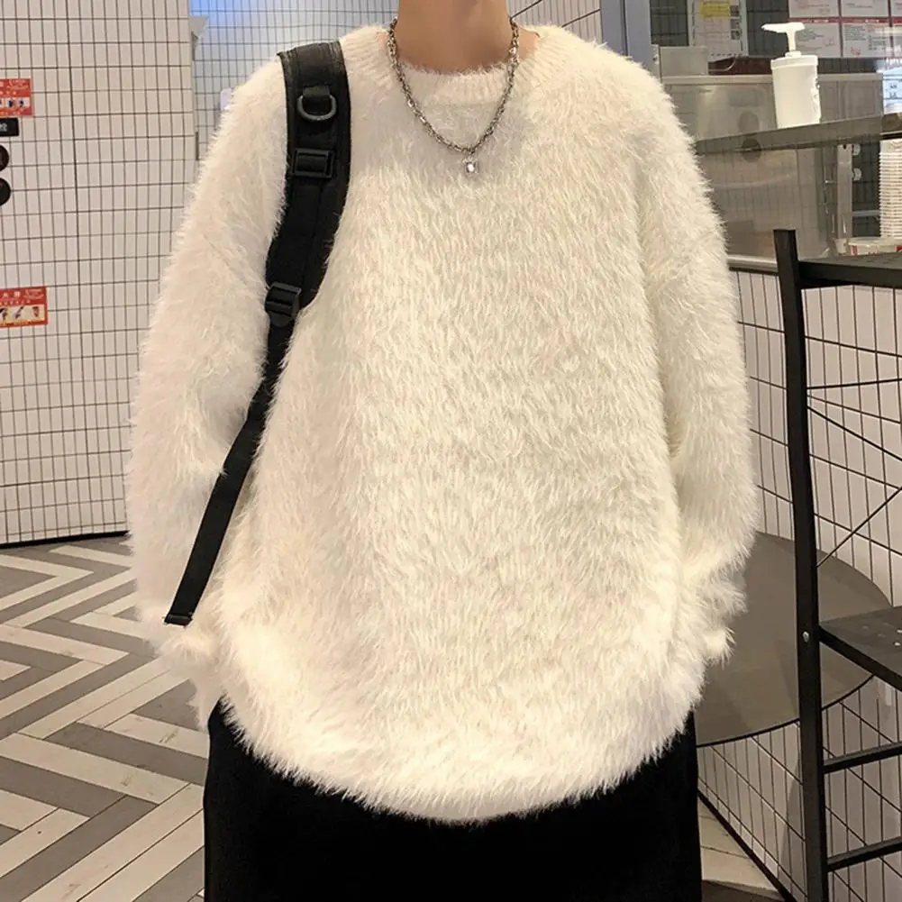 Fall Winter Men Sweater Oversized Mid Length Pure Color Fluffy Round Neck Long Sleeves Pullover Elastic Anti-shrink Thickened Da