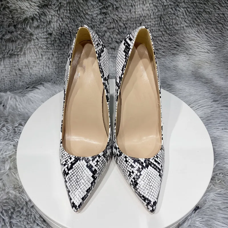 Tikicup Black White Snakeskin Women Sexy Pointy Toe hIgh Heel Shoes for Party Fashion Designer Stiletto Pumps 8cm 10cm 12cm