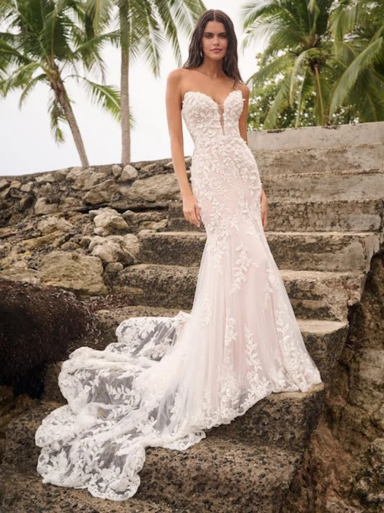 

2025 Latest Women's Elegant Beaded Deep V-neckline Bridal Wedding Dress with Fan Shaped Lace Tail and backless Customization