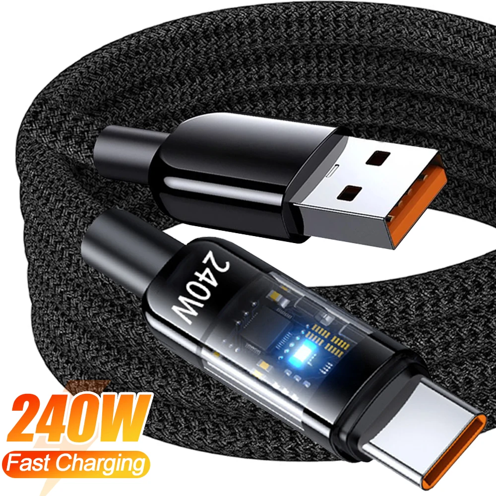 Nylon Braided 10A 240W USB A To Type-C Fast Charging Cable Transparent USB C High-speed Charger Cord for Samsung Tablet Laptop