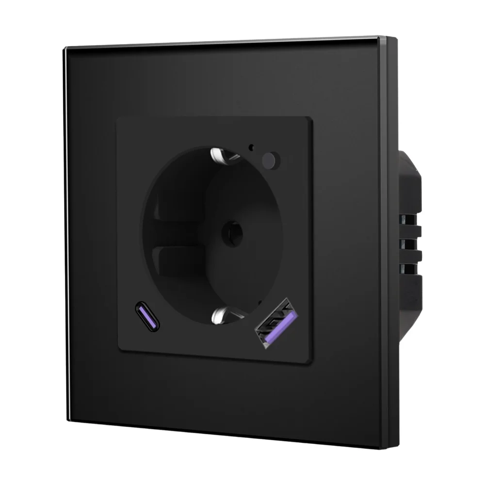 BSEED E-Serie Zigbee-Steckdose mit Smart Power Monitor, 16A Wandsteckdosen, USB Typ-C Schnellladung, Kompatibel mit Tuya Smart Life App, Google Assistant und Alexa, Schwarzer Glasrahmen