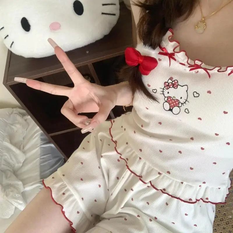 

Sanrio Summer Pajamas Hello Kittys Cute Suspenders Suit Kawaii Comfortable Slim Fit Casual Breathable Cartoon Gift Girlfriend