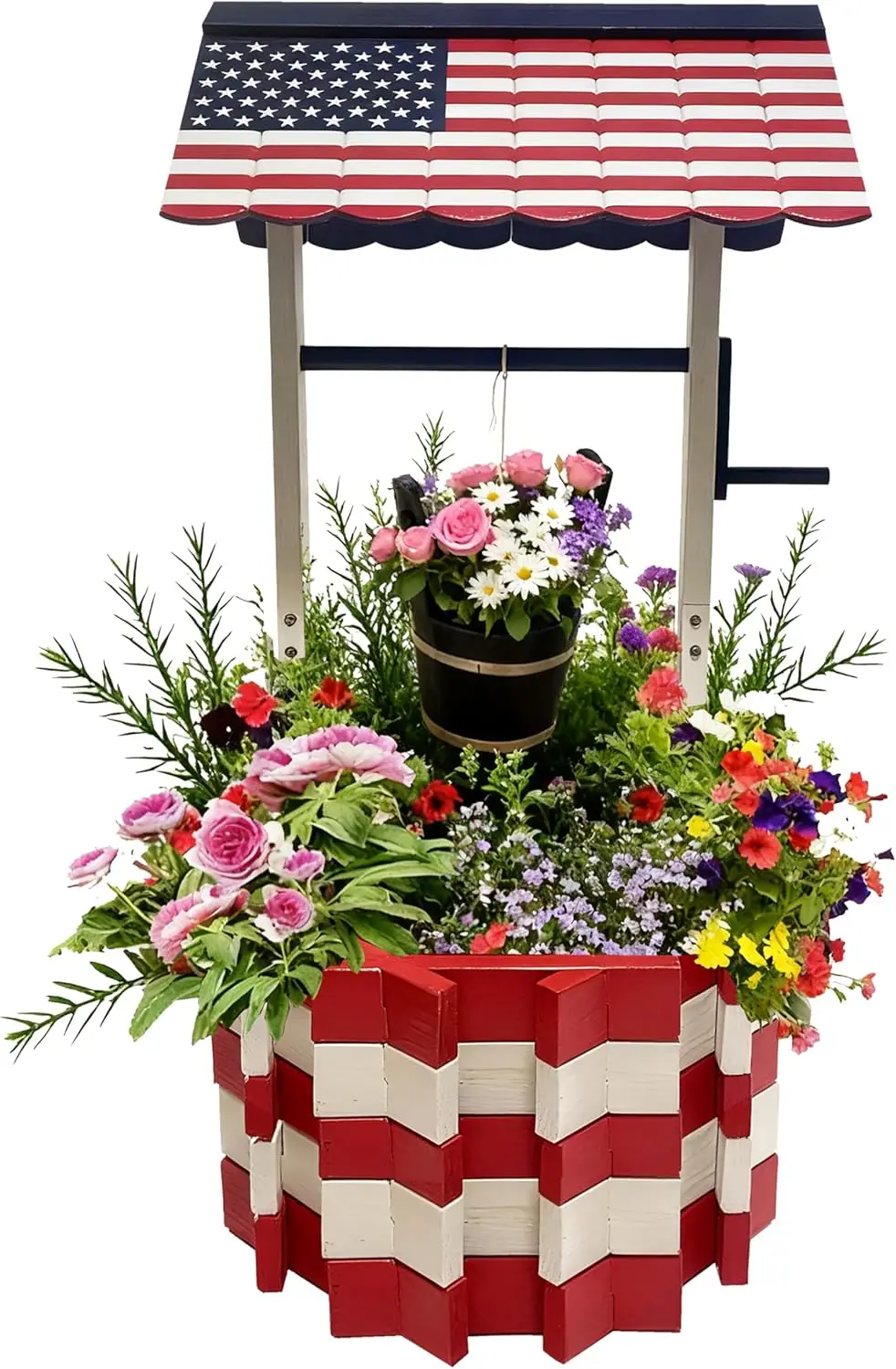 Wooden Wishing Well Planter Farmhouse Outdoor Garden Decor With 4 Reinforced Support Rods Hanging Bucket Ornament For Yard Patio Lawn Backyard Landscape