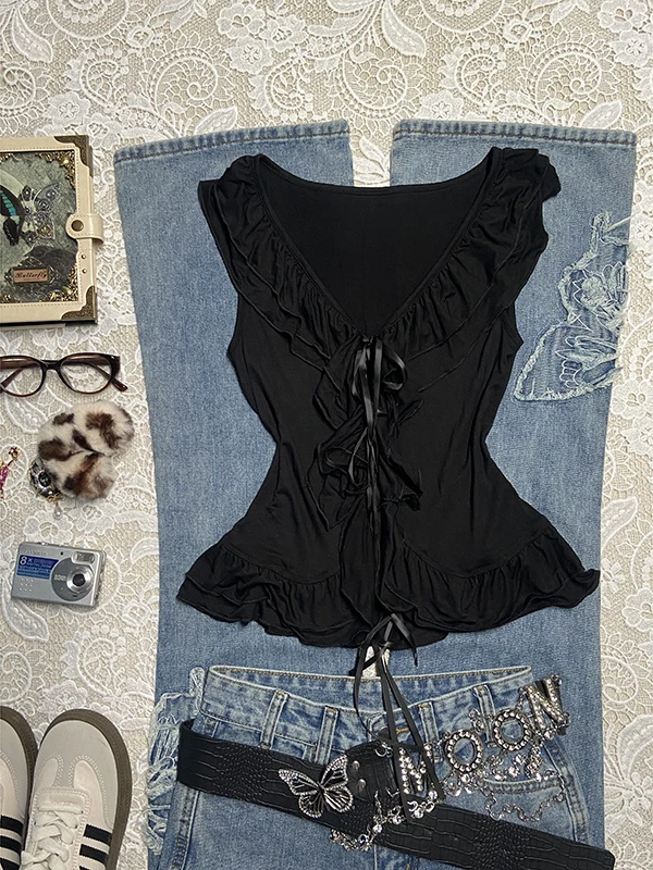 

Оригинальная женская футболка Boya Girl с рюшами и v-образным вырезом, лето 202, новый винтажный одинаковый топ French Sle Slim Fi...