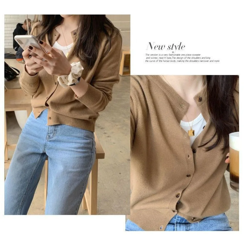 Elegant Maillard Style Knitted Cardigan Button Short Women Outwear Warm Thin Sweater