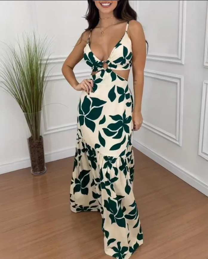 

Print Spaghetti Strap Waist Hollow Out Maxi Dress Sexy A Line Ruffle Hem Dress Elegant Midi Women's Dress
