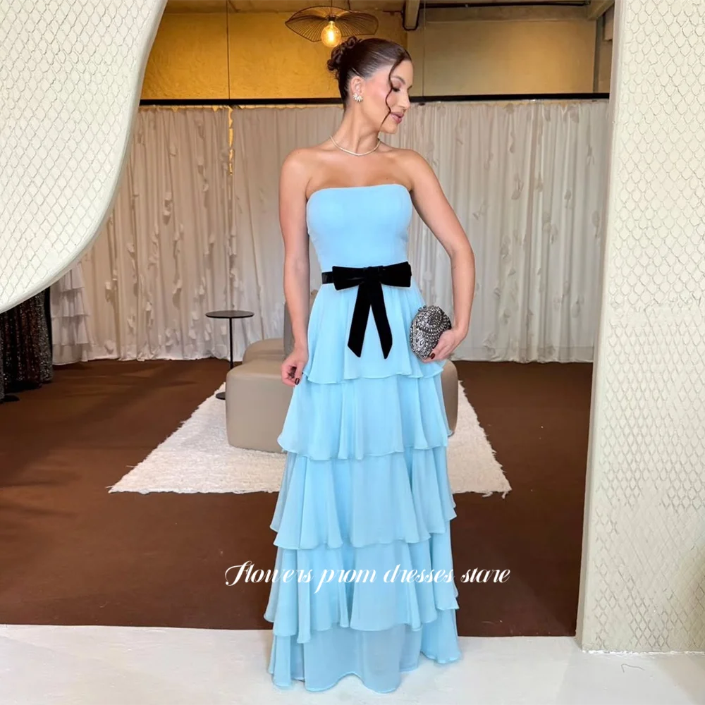 Flowers A Line Party Dress Multilayers Prom Dress Chiffon Evening Dress with Bow Belt Evening Dress Party Dress Customized