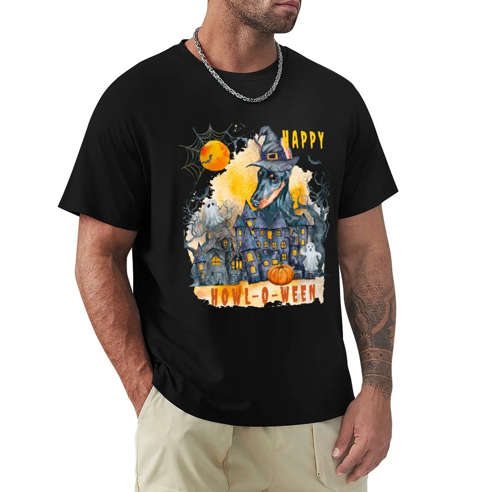 

Doberman Happy Howl-o-ween Ghost Houses Funny Watercolor T-Shirt Basic Casual Wear Short Sleeve Top