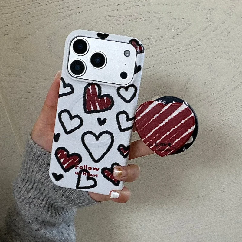 

Cute Graffiti Love Heart Print Magnetic Phone Case For iPhone 17 Pro 16 15 14 Pro Max Back Cover with Love Heart Stand For Magsa
