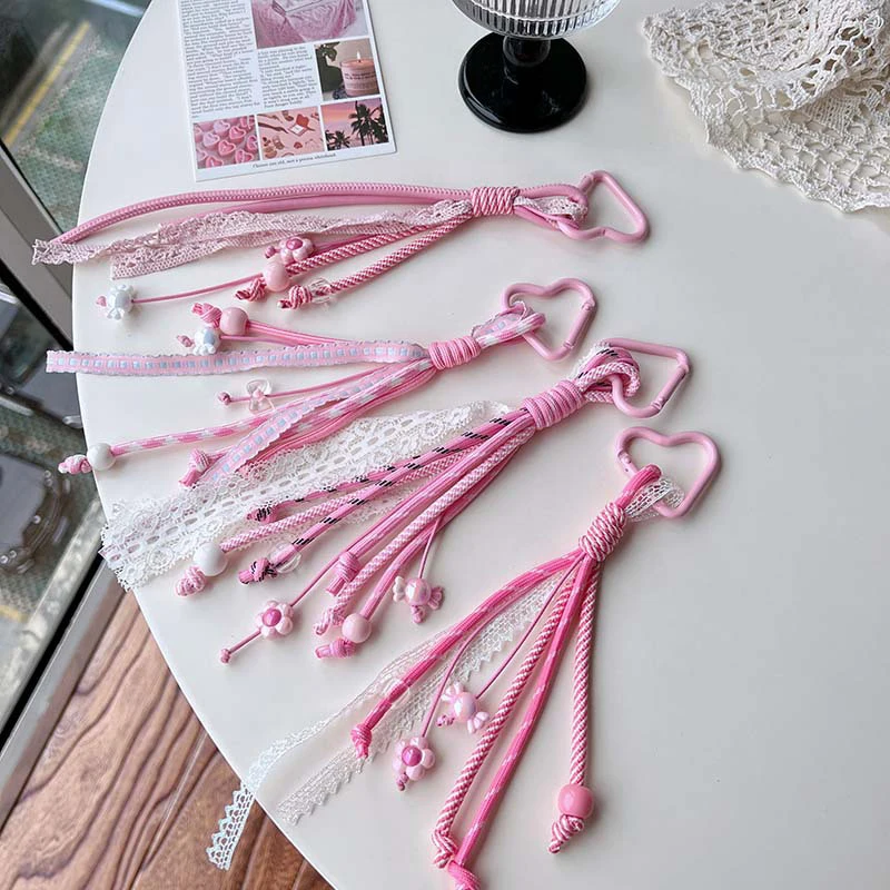 Chaveiro de renda rosa e branco, corda trançada, pingente, chaveiro, moda simples, bolsa combinando, decoração, acessórios de joias