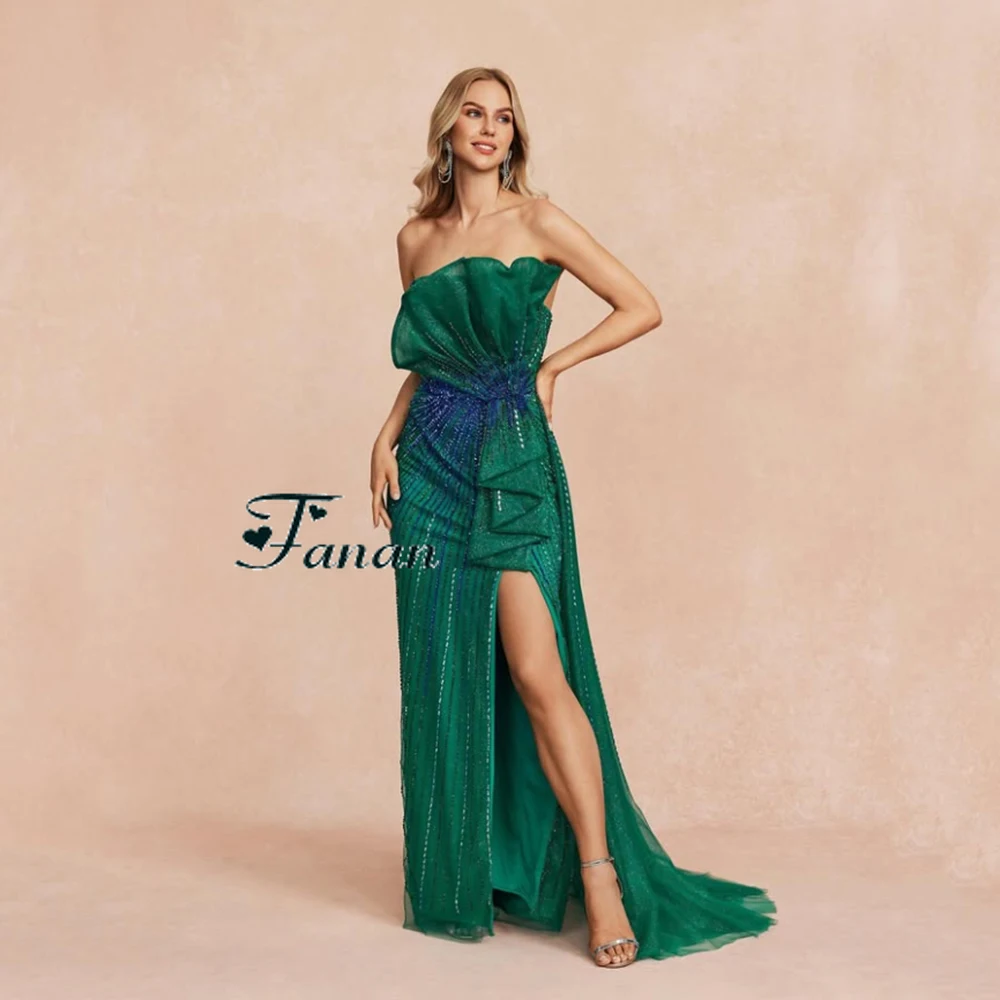 Personalizado verde sem alças sexy sem costas jérsei vestidos de noite lantejoulas e miçangas até o chão dividir sem mangas pageant vestidos