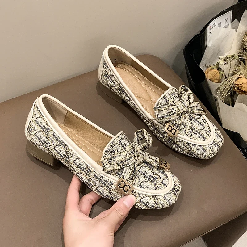 Women Bow Brand Loafers Print Random Square Heels Shoes 2024 Autumn New Fashion Ladies Casual Shoes Luxury Pumps Zapatos Mujer