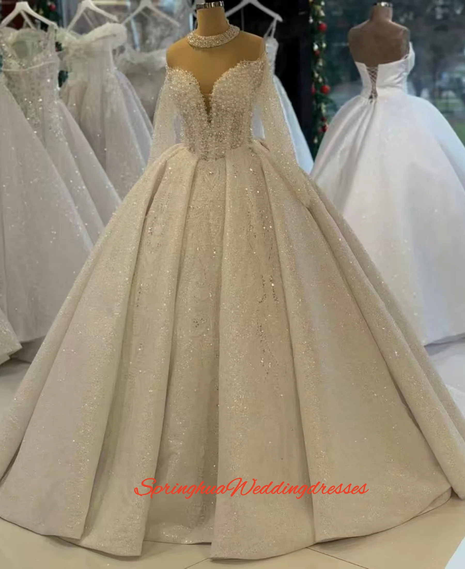 

Customized Sequin V-Neck Long Sleeves Wedding Dresses 2026 Ball Gown Floor Length Sparkling Beaded Bridal Gown Vestidos De Novia