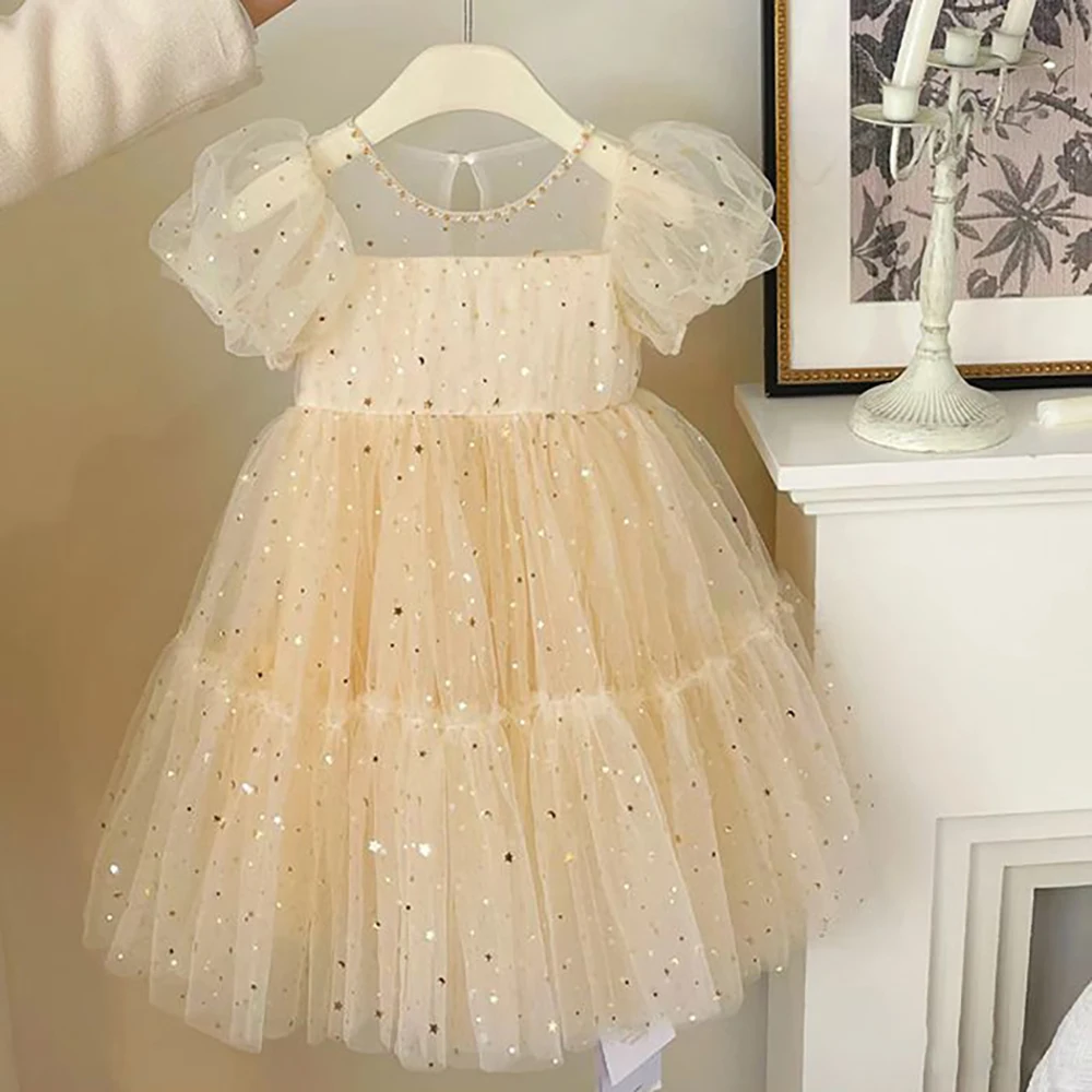 

Champagne Princess Dress For Girl Sequined Puff Sleeve Tulle Skirt Festive Dress For Wedding Prom Party First Birthday Gift