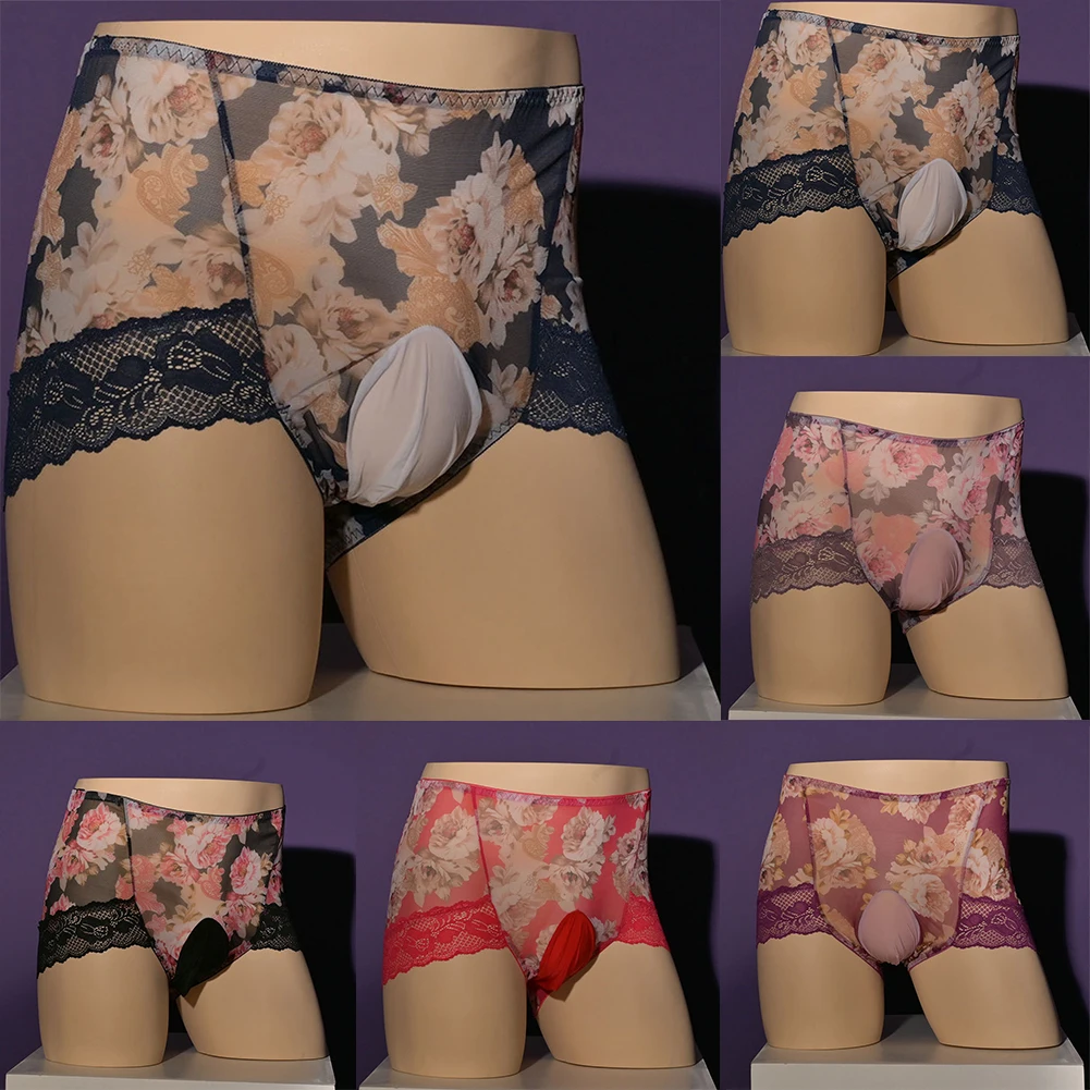 مثير رجل سيسي الدانتيل زهرة مطبوعة الانتفاخ الحقيبة ملخصات رقيقة الملابس الداخلية الذكور تنفس السروال تمتد سراويل الملابس الداخلية