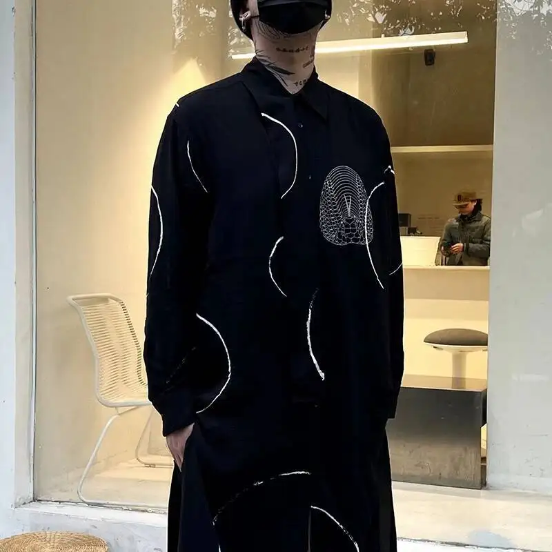 WVGA Spring Autumn New Men Original Dark Style Printed Trendy Long Thin Shirt Niche Chic Casual Turn-Down Collal Tops Ins W23768