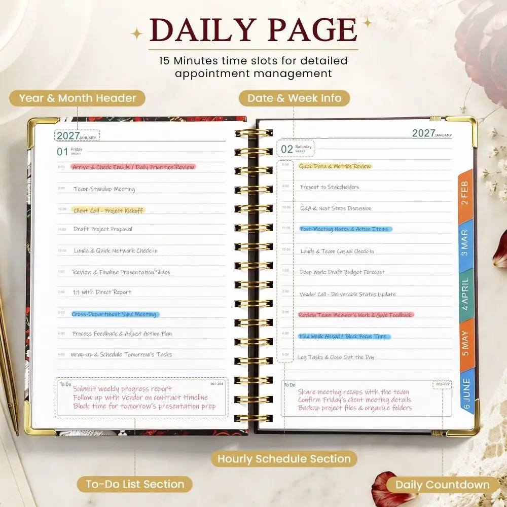 Double-Wire Binding 2027 Planner Notebook Metal Corner Protector Colored Monthly Tabs Daily Plan Schedule Lay Flat 180°