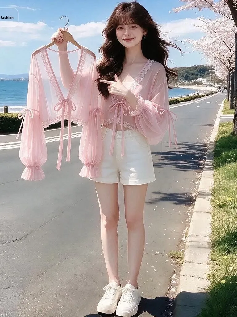 Elegant  Knot Lace Chiffon Sun Protection Cardigan Thin Summer Women's Top Skirt Shoulder Wrap Versatile Cover up Shirt