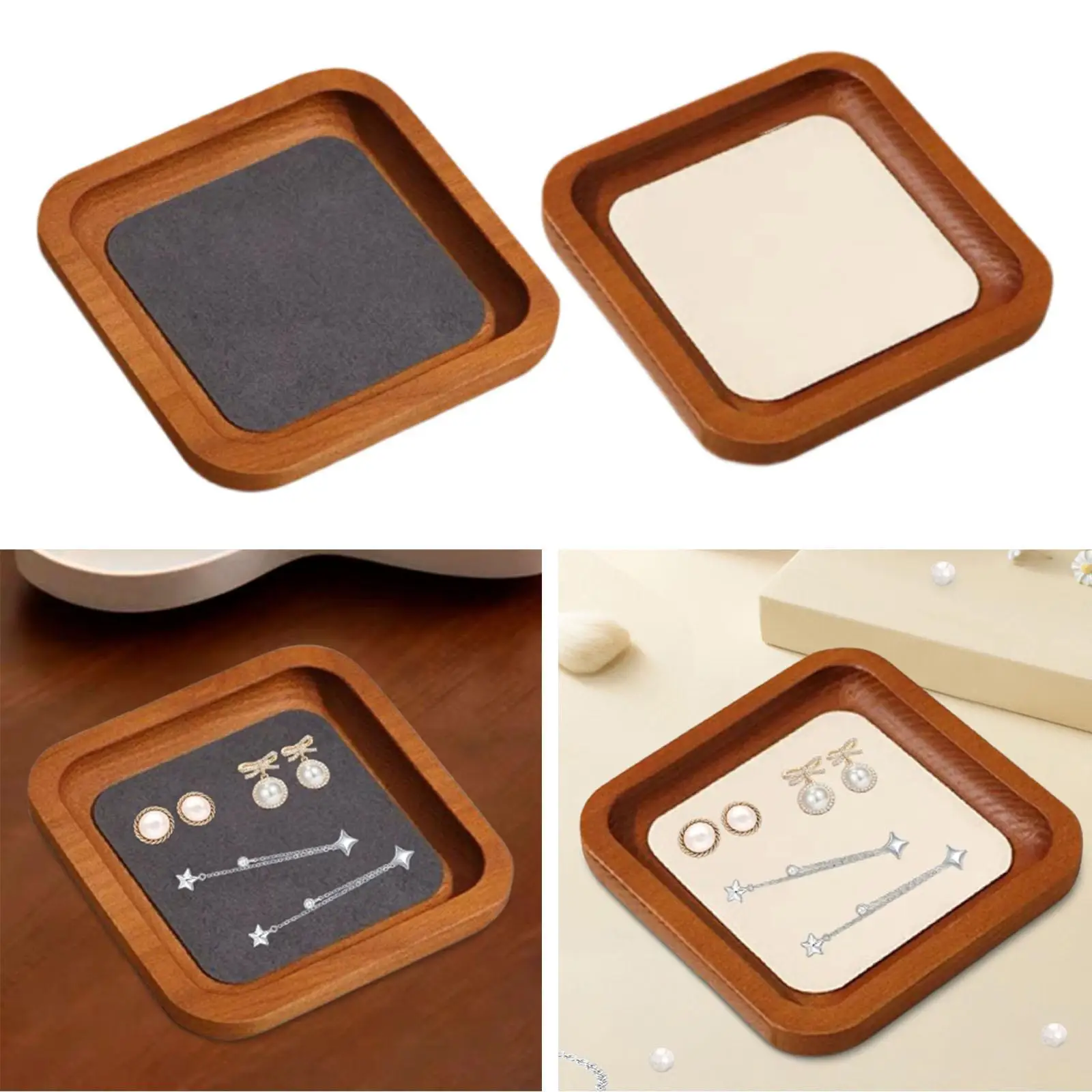 صينية مجوهرات صغيرة بطانة من الألياف الدقيقة الخشبية لديكور المنزل مقاس 4 بوصات صينية عرض المجوهرات منظم المجوهرات لخواتم سوار كونترتوب