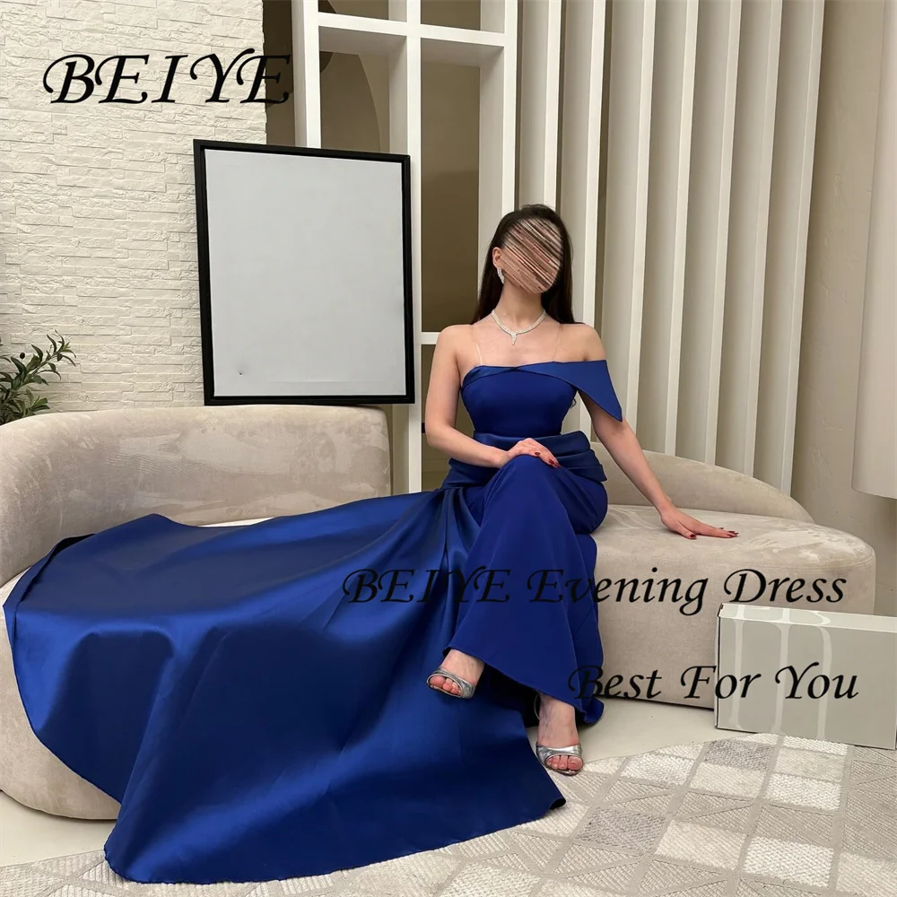 BEIYE Nowoczesne Niebieskie Sukienki Wieczorowe Bez Ramiączek Odkryte Ramiona Satynowa Suknia Formalna na Przyjęcie Szyta na Miarę فساتين سهرات